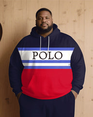 Big & Tall Men Fall/Winter Dark Blue & Red & White Contrast Color Mosaic Letters Casual Printed Hoodie Suit