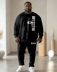 Men's Simple Chess Black King Letter Print Plus Size Round Neck Sweatshirt Suit