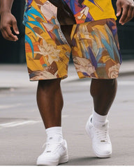 Men's Big & Tall Oil Painting Abstract Gorillas Print Casual Short-Sleeved T-shirt & Short Set