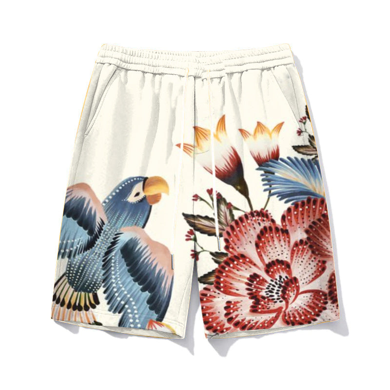 Men's Plus Size White Birds of Paradise Casual Drawstring Waist Shorts