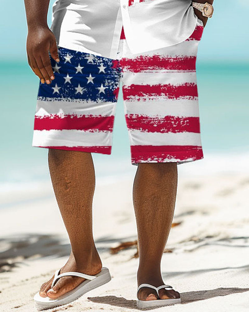 Men's Plus Size Independence Day Flag Gesture Print Short Sleeve Shirt Shorts Suit
