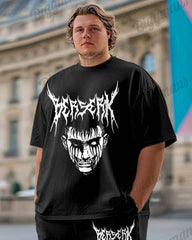 Men's Plus Size Street Fashion Black Rock Graffiti Print T-Shirt Trousers Suit