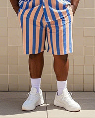 Big Men's-Hot Pink Blue Striped Color Block Printed Short Sleeve Shirt Shorts Suit