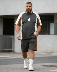 Big & Tall Men's Dark Gray Patchwork B Letter Printed Round Neck Short Sleeve T-Shirt Shorts Suit