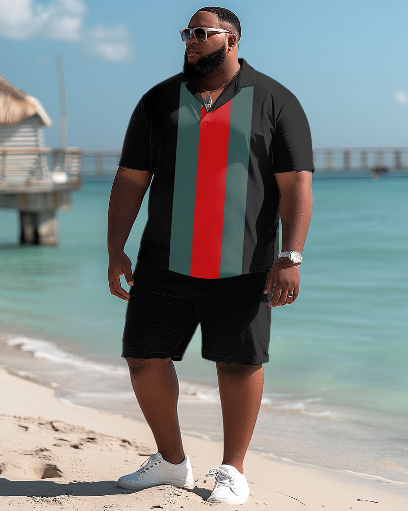 Men's Big and Tall Casual Simple Striped Colorblock Print Polo Shorts Set