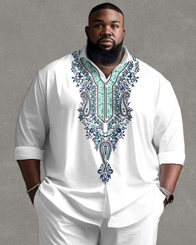 Big Men's Daily Casual Retro Print Long Sleeve Shirt Pants Set