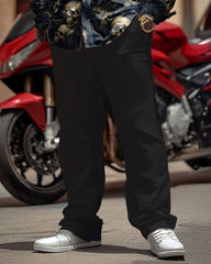 Men's Plus Size Dark Style Skull Print Long Sleeve Lapel Shirt and Pants Set