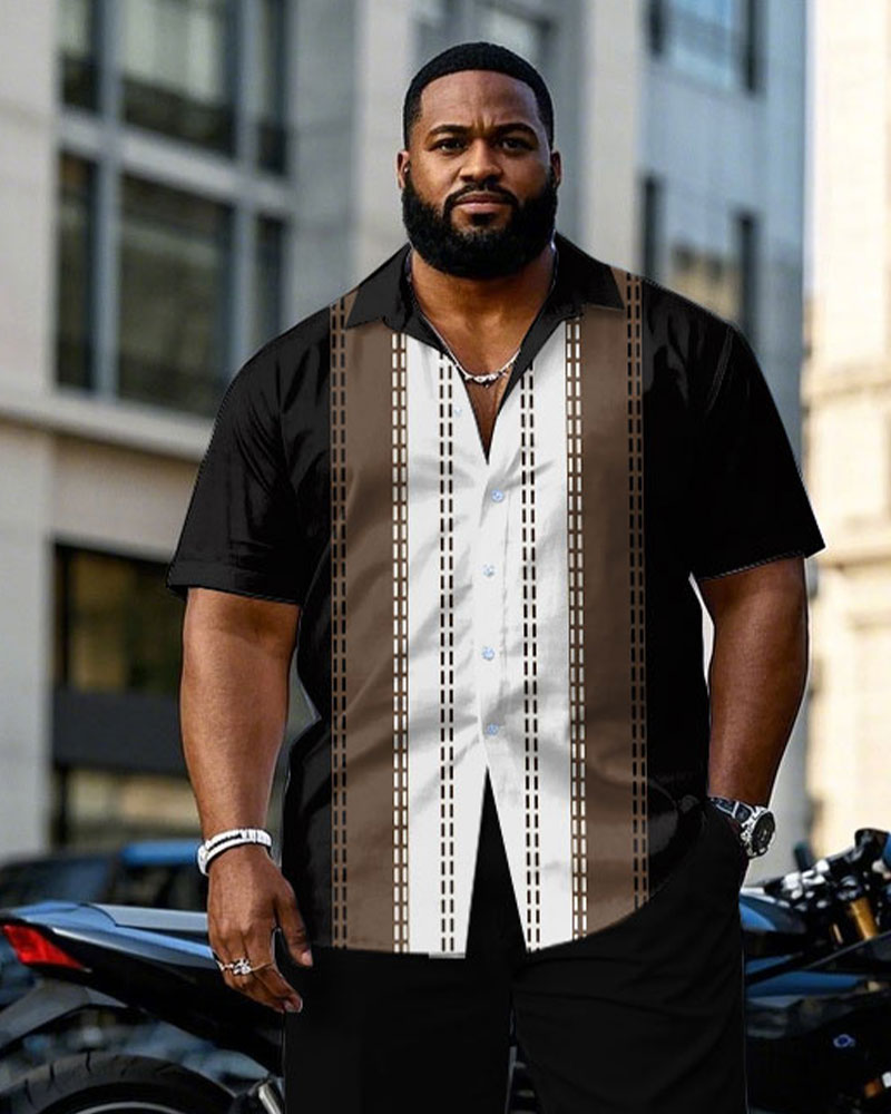 Men's Plus Size Black & Brown & White Stitching Top Line Sewing Short Sleeve Shirt Trousers Suit