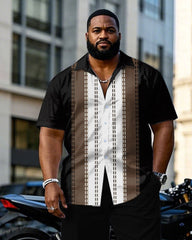 Men's Plus Size Black & Brown & White Stitching Top Line Sewing Short Sleeve Shirt Trousers Suit