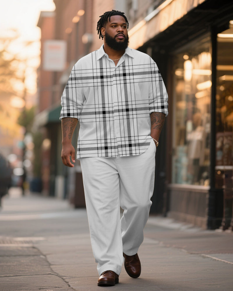 Big & Tall Men's Business Black And White Check Printed Long Sleeve Shirt Trousers Suit