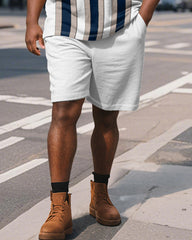 Men's Plus Size Business White Blue Stripe Print Short Sleeve Polo Shirt Shorts Suit
