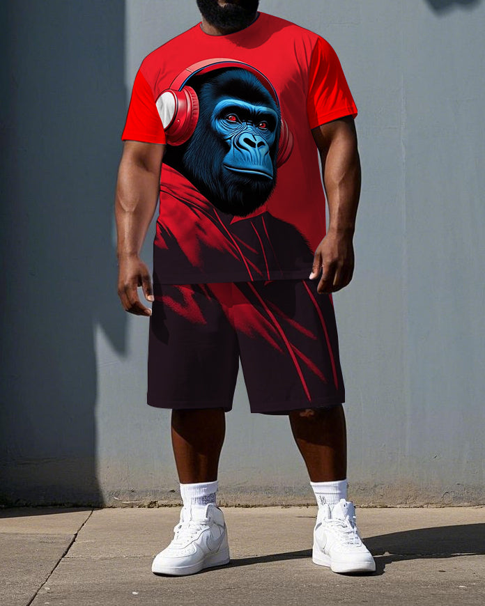 Big & Tall Men's Gorillas with Headphone Printed Summer Cool Short Sleeve T-shirt and Short Set
