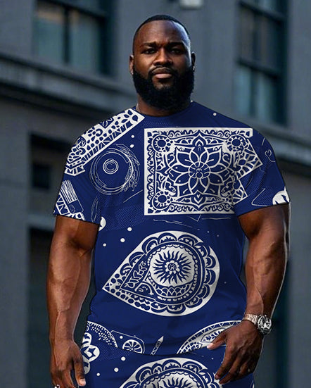 Men's Big and Tall Vintage Paisley Pattern Printed Casual Short Sleeve T-Shirt and Shorts Set