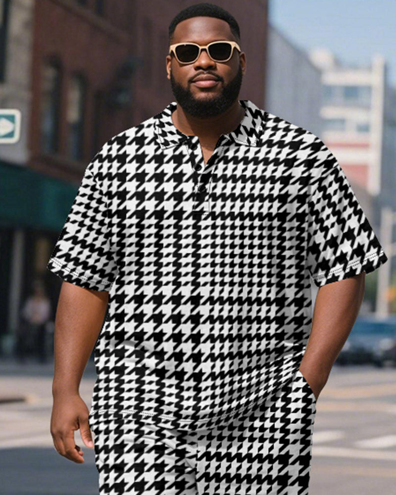 Men's Plus Size Business Black Houndstooth Print Short Sleeve Polo Shirt Shorts Suit