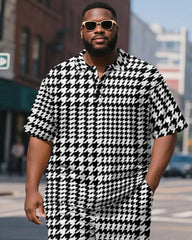 Men's Plus Size Business Black Houndstooth Print Short Sleeve Polo Shirt Shorts Suit