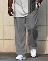 Big Men's Grey & White Patchwork Printed Short-sleeved T-shirt Trousers Set