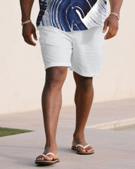 Men's Plus Size White & Blue Large Brush Graffiti Art Short Sleeve Shirt Shorts Suit