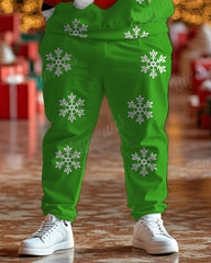 Men's Christmas Green Snowflake Santa Print Big and Tall Hoodie Set
