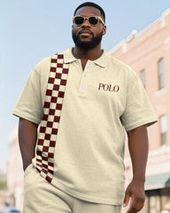 Men's Plus Size Daily Apricot Plaid Alphabet Print Short Sleeve Polo Shirt Shorts Suit