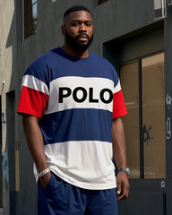 Plus Size Men's Simple Black Blue Red Stripe POLO Letter Printing Casual Short-sleeved T-shirt Pants Suit