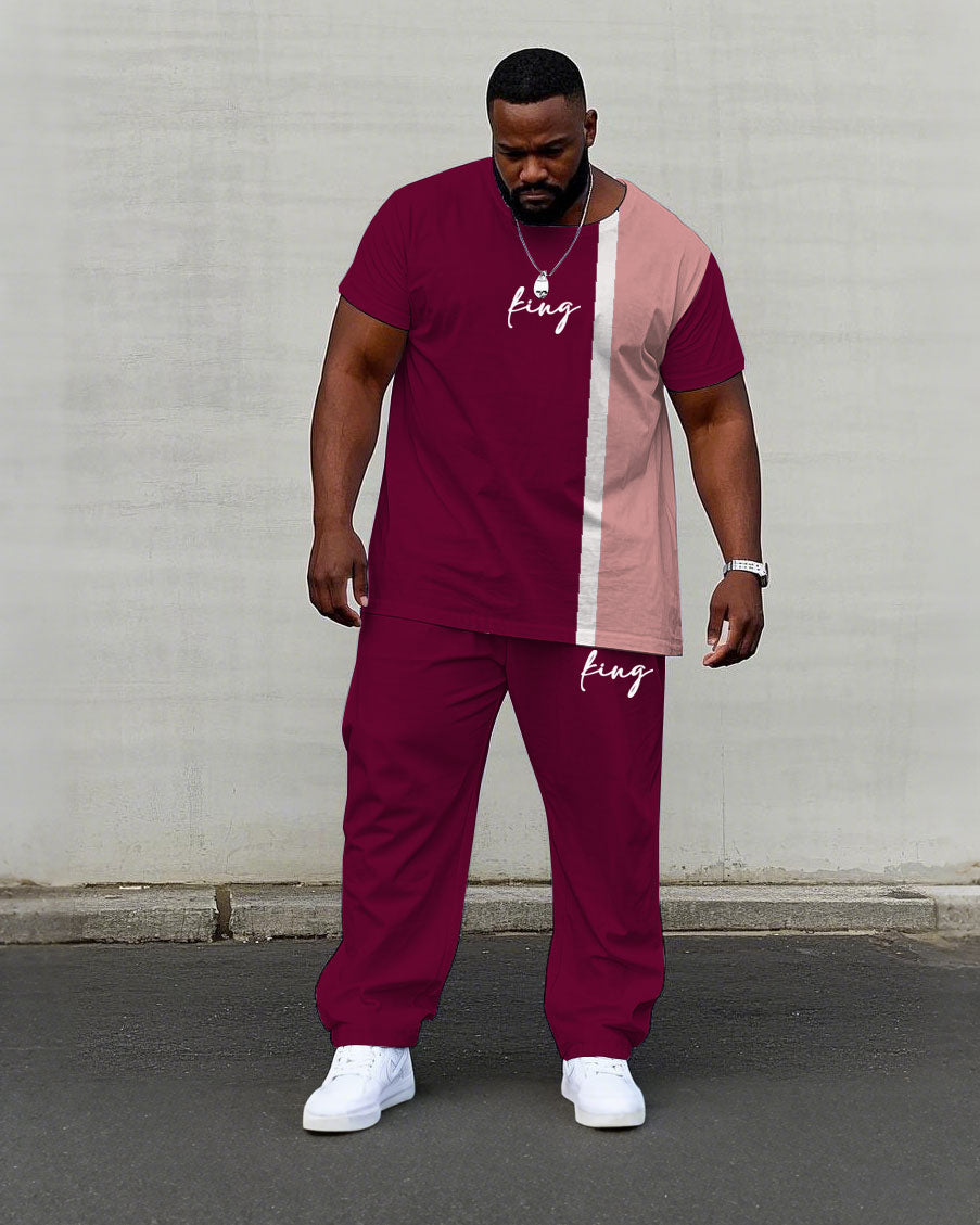 Men's Plus Size Green Card & White-Blue & White-Red-Pink Colorblock King Printed Short Sleeve T-Shirt Pants Suit