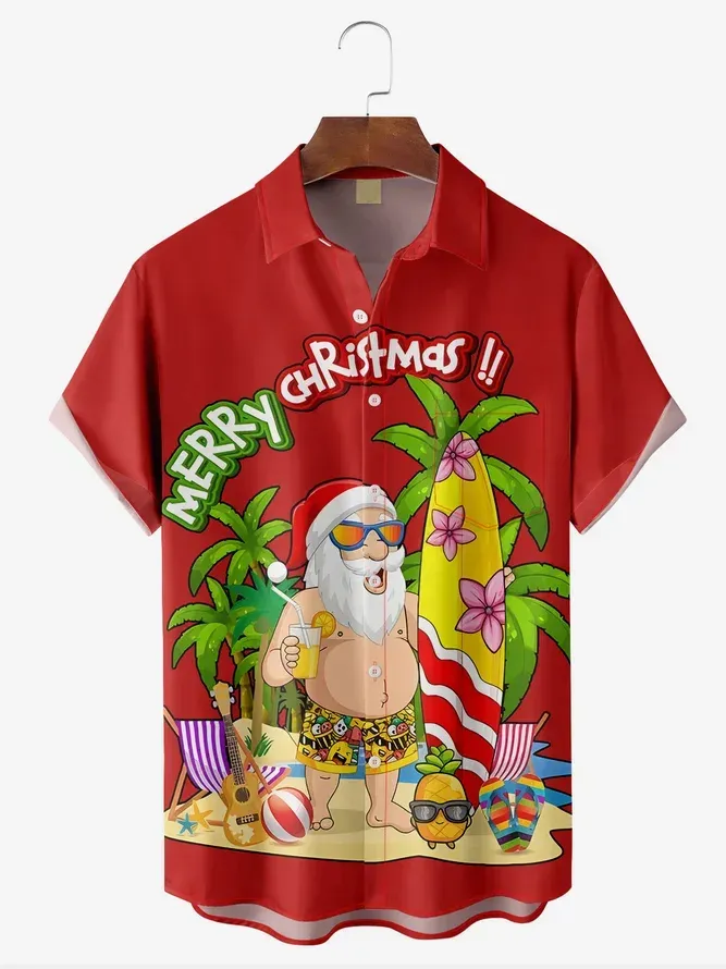 Men's Merry Christmas Santa Beach Skateboard Plus Size Christmas Tree Short Sleeve Shirt