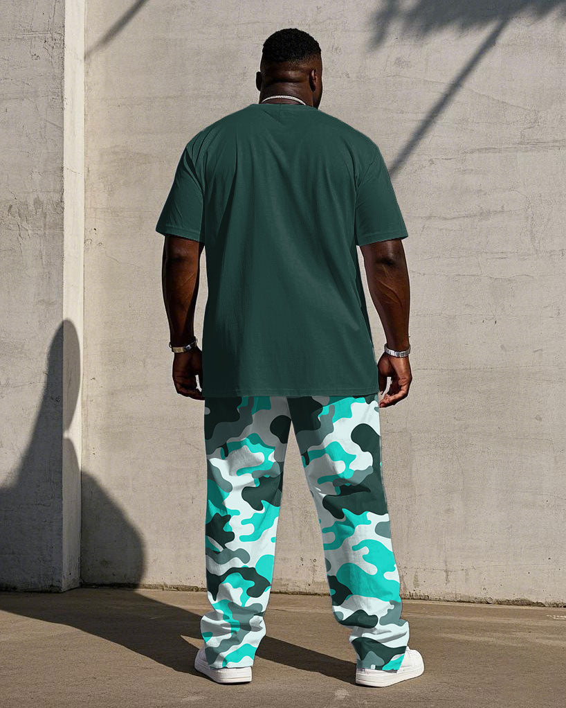 Men's Plus Size Green Camouflage Stitching Design Short Sleeve T-Shirt Trousers Suit