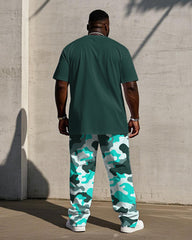Men's Plus Size Green Camouflage Stitching Design Short Sleeve T-Shirt Trousers Suit