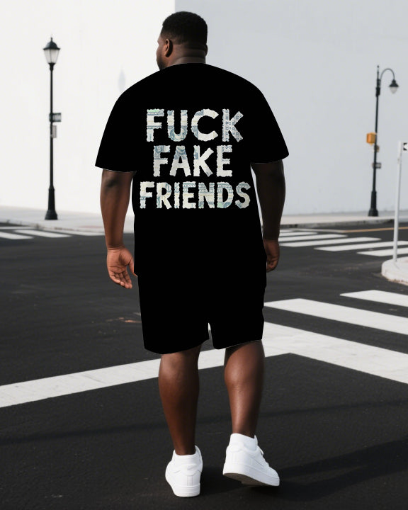 Big & Tall Men's Punk Theme FUCK FAKE FRIENDS BACK Print Casual Short-Sleeve T-shirt 2-Piece Set