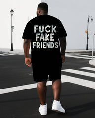Big & Tall Men's Punk Theme FUCK FAKE FRIENDS BACK Print Casual Short-Sleeve T-shirt 2-Piece Set