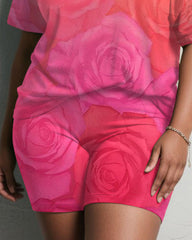 Women's Plus Size Daily Casual Retro Pink Gradient Rose Print Short Sleeve Shorts Suit