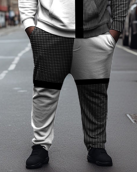 Men's Large Size Black And White Plaid Colorblock Casual Hoodie And Sweatpants Two-Piece Set