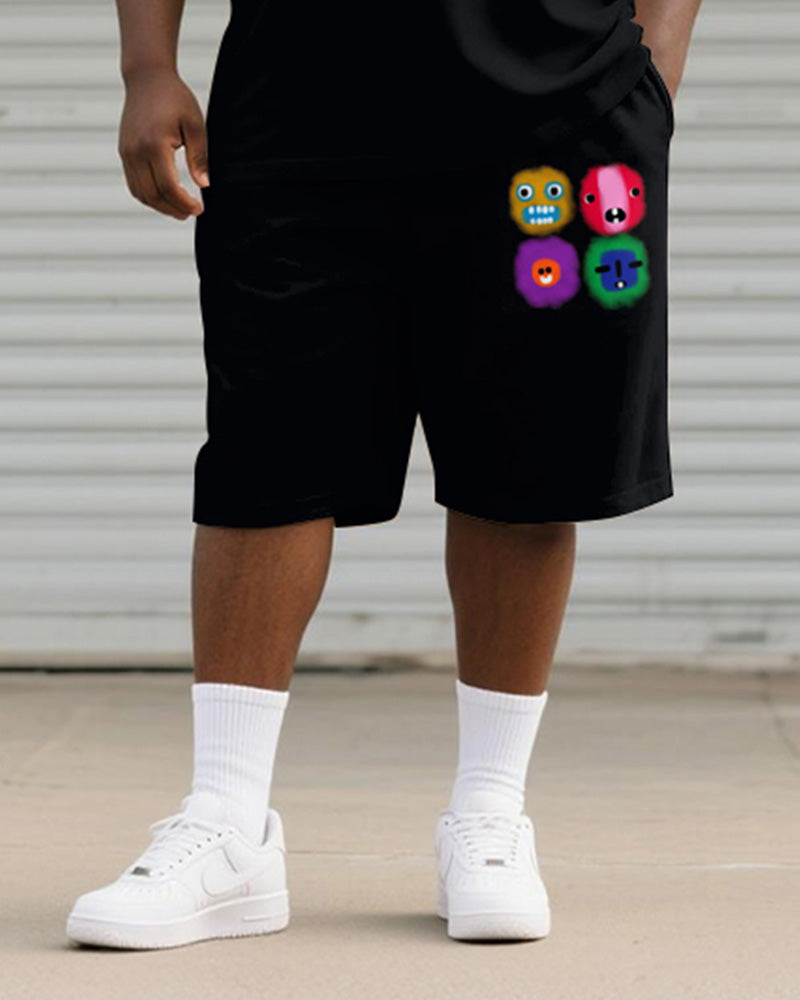 Big & Tall Men's Black Expression Graffiti Print Round Neck Short Sleeve T-Shirt Shorts Suit