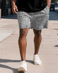 Big & Tall Men's Business Black Patchwork Printed Short Sleeve Polo Shirt Shorts Suit