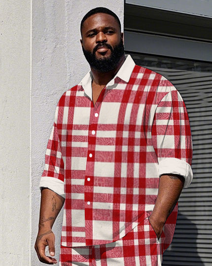 Men's Big Size Daily Casual Classic Simple Red Plaid Printed Long Sleeve Shirt Pants Set