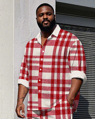 Men's Big Size Daily Casual Classic Simple Red Plaid Printed Long Sleeve Shirt Pants Set