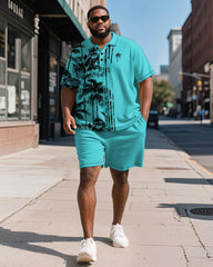 Big & Tall Men's Hawaiian Coconut Stripe Print Short Sleeve Polo Shirt Shorts Suit