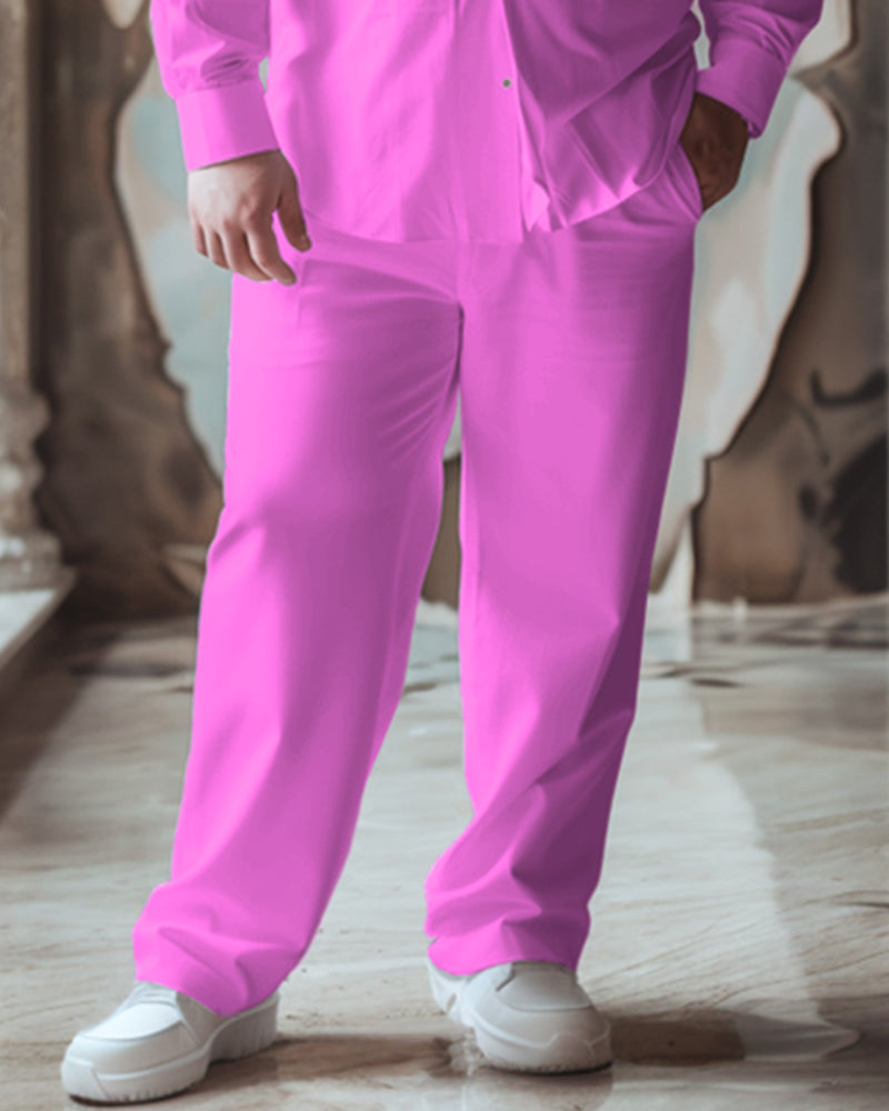Men's Big & Tall Versatile Pure Pink Long Sleeve Lapel Shirt 2 Piece Set