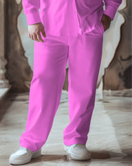 Men's Big & Tall Versatile Pure Pink Long Sleeve Lapel Shirt 2 Piece Set