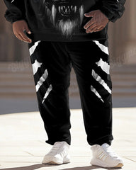 Men’s Street Fashion Graffiti Black And White Wolf Print Big & Tall Hoodie Set