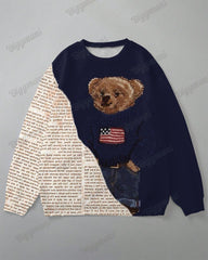 Men's Big & Tall Vintage Blue Newspaper Patchwork Bear Print Sweatshirt Set