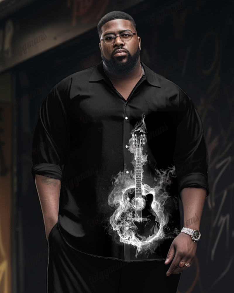Smoke Guitar Pattern Long Sleeve Lapel Shirt 2 Piece Set Men's Plus Size