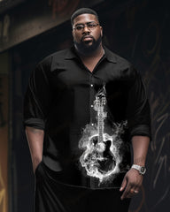 Smoke Guitar Pattern Long Sleeve Lapel Shirt 2 Piece Set Men's Plus Size