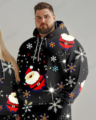 Couple Fashion Casual Big and Tall Black Christmas Print Hoodie Set