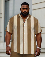 Men's Plus Size Business Khaki Thick Striped Short Sleeve Shirt Trousers Suit