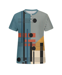 Big & Tall Men's Blue Colorblock Geometric Stripe Printed Henry Collar Button Short Sleeve Tee