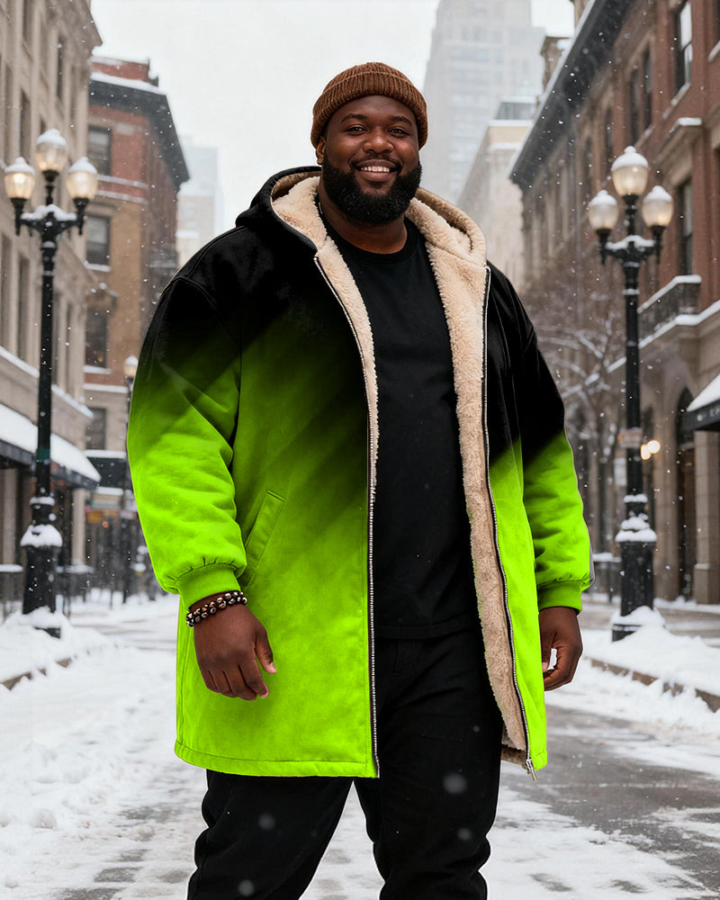 Big & Tall Men's Black And Red Gradient Printed Velvet Padded Long Hooded Coat