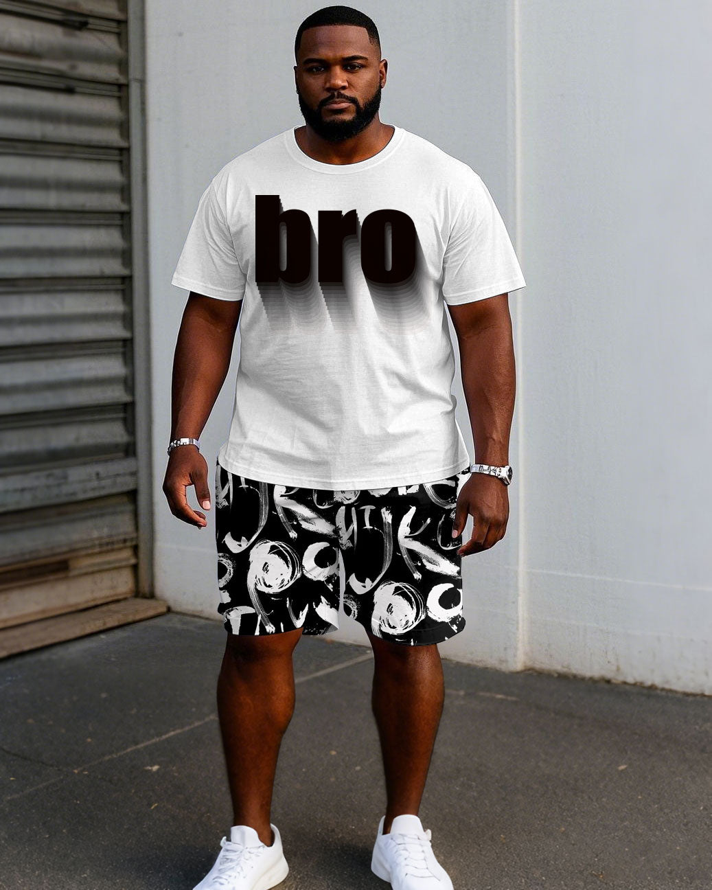 Men's Plus Size Street Fashion Pattern Chest "Brother" Printed Short Sleeve T-Shirt Shorts Suit