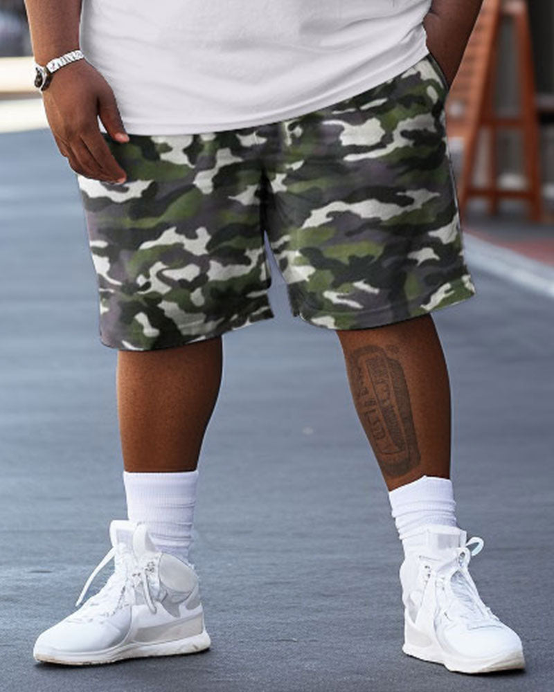Men's Large Size Street Cartoon Bear Camouflage Graffiti Short Sleeve Shorts Set