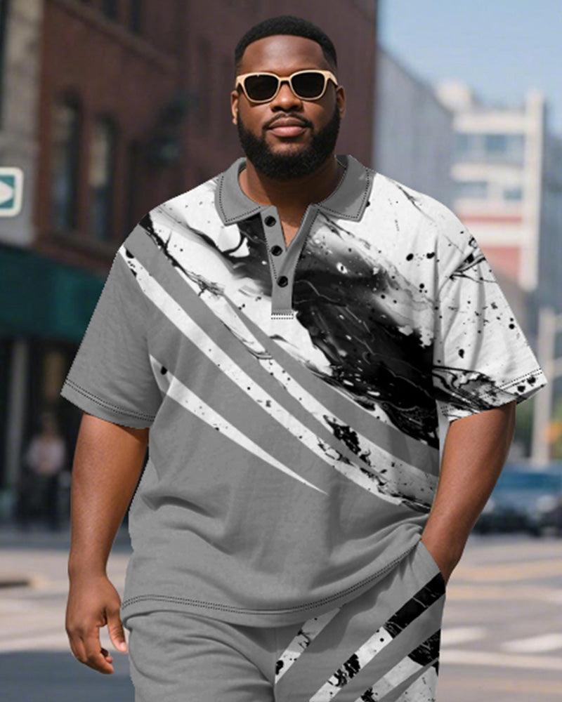 Big & Tall Men's Business Grey Geometric Ink Print Short Sleeve Polo Shirt Shorts Suit